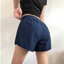 1pc Women High Waist Elastic Waistband Pocket Graphic Letter Design Polyester Yoga Sports Shorts