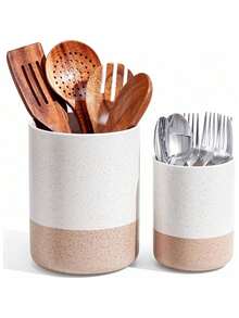 Utensil Holder, 7.2"+6" Ceramic Kitchen Utensil Holder For Countertop, Large Cooking Utensil Crocks For Kitchen Counter, Morden Utensil Organizer For Spatula, Kitchen Decor, Set Of 2 - White - View 1