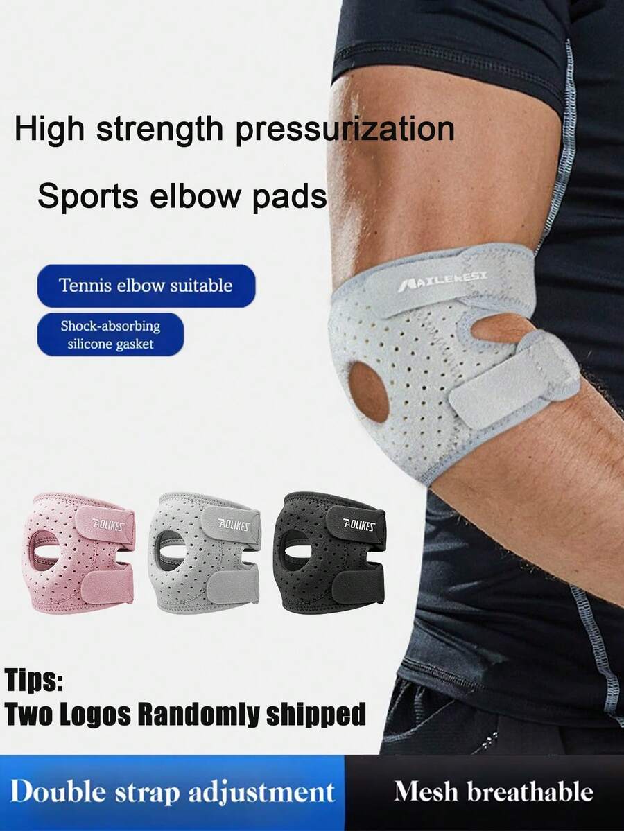 1pc Breathable Adjustable Elbow Brace, Elbow Sleeve With Silicone Shock Absorption And Support, Compression Strap For Tennis, Basketball, Badminton, Golf, Fitness - Polyester Fiber, Hook-And-Loop Closure, Left Or Right Side Protection, Two Logos Randomly Shipped Gym Accessories