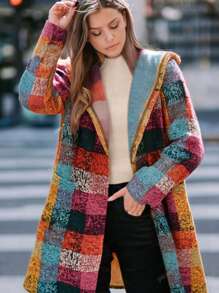 Women's Casual Plaid Print Long Sleeve Hooded Open Front Jacket With Pockets, Fashionable And Chic Street Style Plaid Coat, Autumn/Winter