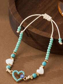 Pulseira ajustável estilo boêmio verde menta com pingente de coração, árvore da vida, acessório versátil para praia/férias