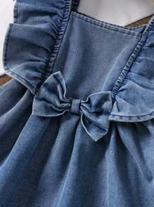 Summer New Baby Girls' Cute Bow Decor Cap Sleeves Denim Dress, Casual