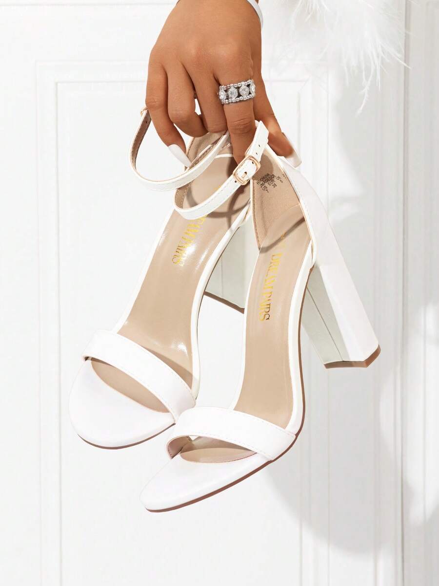 Women Elegant High Heel Sandals Chunky Block Dressy Pump Sandals Ankle Strap Open Toe Classic Heeled Sandals, For Casual And Formal Wear, For Party, Wedding, Prom Valentines - 白色 - 查看 1