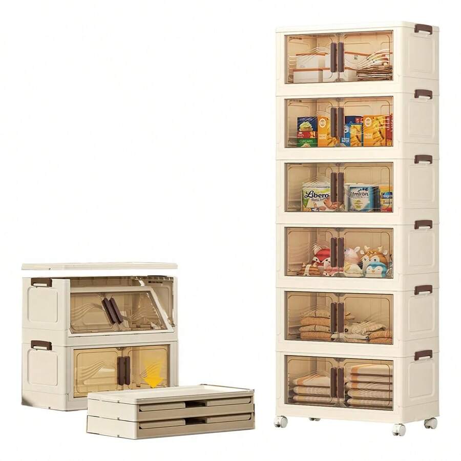 Seokiwi 6 Niveles de Contenedores de Almacenamiento de Plástico con Tapa - Armario de almacenamiento plegable - Plástico pesado resistente, Estante de almacenamiento multicapa para el hogar, estante de almacenamiento para la cocina con ahorro de espacio para refrigerios y bebidas, estantería, organizador de ropa. Contenedores Apilables con Ruedas, Sistema de Organizador Plegable para Armario, Baño, Hogar, Oficina, Dormitorio - Albaricoque - Ver 1