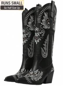 Botas vaqueras occidentales para mujer, con punta puntiaguda, bordadas, tacones gruesos, zapatos hasta la rodilla, botas de montar a la moda para exteriores
