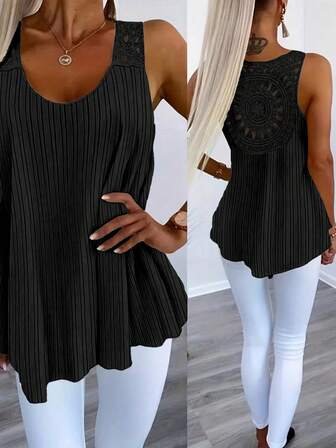 Plus 女士蕾丝镂空拼接后背无袖优雅背心