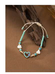Pulseira ajustável estilo boêmio verde menta com pingente de coração, árvore da vida, acessório versátil para praia/férias
