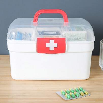 1pc Medical Storage Box, Household & Dormitory Portable Large Capacity Container For Medicine And Supplies, Small First Aid Kit For Home Use, Summer Outdoor Camping Essential