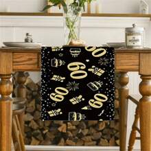 1pc 60th Black & Gold Number Table Runner, Rectangular, 100% Polyester Woven, Suitable For 60th Theme Party, Happy Birthday Party, Birthday Party Supplies