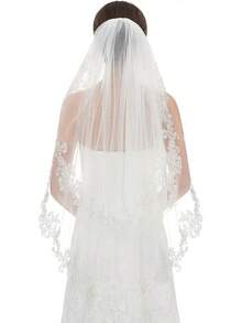 Short Wedding Veil With Comb - 2 Tier Bridal Veil, 24" Length Tulle Bride Accessories For Women - Ngà 2 & Có ngọc trai - Xem 3