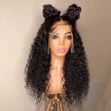 1PS 26inch 180density Long Black Kinky Curly Deep 13*4*1 Lace Front Wigs For Women With Babyhair Preplucked Daily Synthetic Hair Wig - Black - View 4