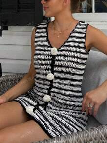 Women's Dresses Women's Summer Dresses Women's Tank Top Women's Elegant Vacation Wear Women's Beachwear Women's Black Dresses Black And White Stripes Clashing Color Stereoscopic White Roses Spring/Summer Fashion Elegant And Comfortable Casual Vacation Traveling Party Women's Knowledgeable Slimming Hollow Semi-Transparent V-Neck Sleeveless Short Dresses Women's Knitted Dresses