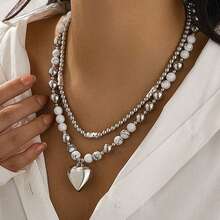 2pcs/Set Fashionable Heart Pendant Beaded Necklace Set, Suitable For Daily Wear - Silver - View 5