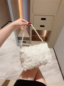 1 件优雅玫瑰花图案晚宴包、女士派对手提包、甜美珍珠手提单肩包、纯色水桶包、新娘手拿包（图案随机）、情人节礼物 - 白色 - 查看 2