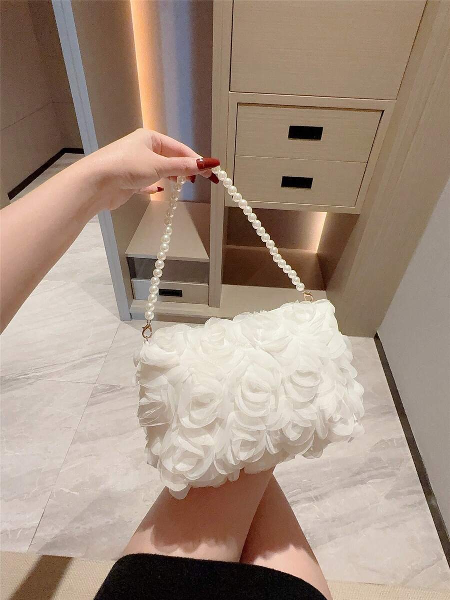 1 件优雅玫瑰花图案晚宴包、女士派对手提包、甜美珍珠手提单肩包、纯色水桶包、新娘手拿包（图案随机）、情人节礼物