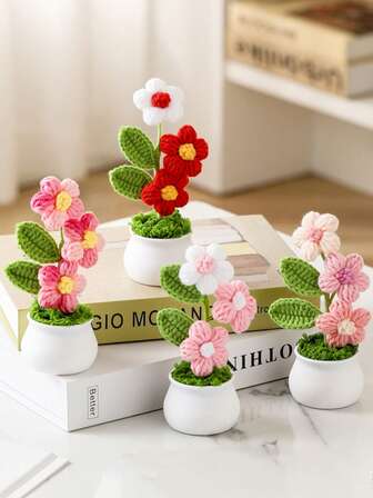 1 迷人的手工钩针盆栽与人造花 - 钩针花束用于家庭和节日装饰、汽车饰品、纪念品生日礼物，适合母亲节、教师节、父亲节、圣诞节、情人节等节日（产品为手工编织，有一些线头，花叶方向可手动调整，介意慎拍）