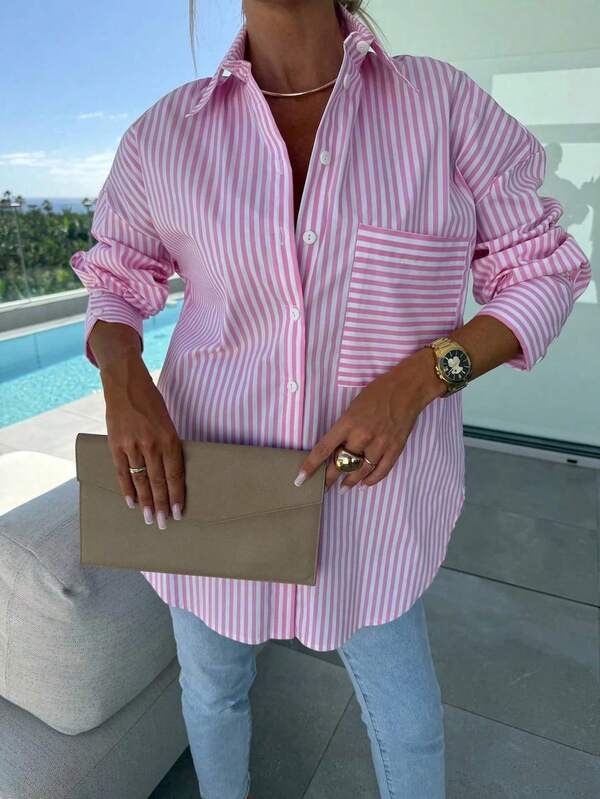 Women's Striped Print Pocketed Button Front Long Sleeve Shirt