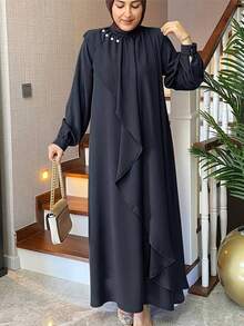 Fashionable Vintage Solid Color Traditional Arabic Loose Long Robe Dress Black Fall - Black - View 3