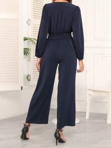 COMFYVOGUE Women's Solid Color Crossed V-Neck Lantern Sleeve Ruffle Wide Leg Elegant Jumpsuit - 藏蓝色 - 查看 2