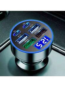 Adaptador cargador de coche de 6 puertos + Cable de carga trenzado 3 en 1 compatible con iPhone, compatible con Samsung, set de accesorios de carga adecuado para el viaje diario, viaje largo, carga mientras conduce accesorios para automóvil - Negro - Ver 2