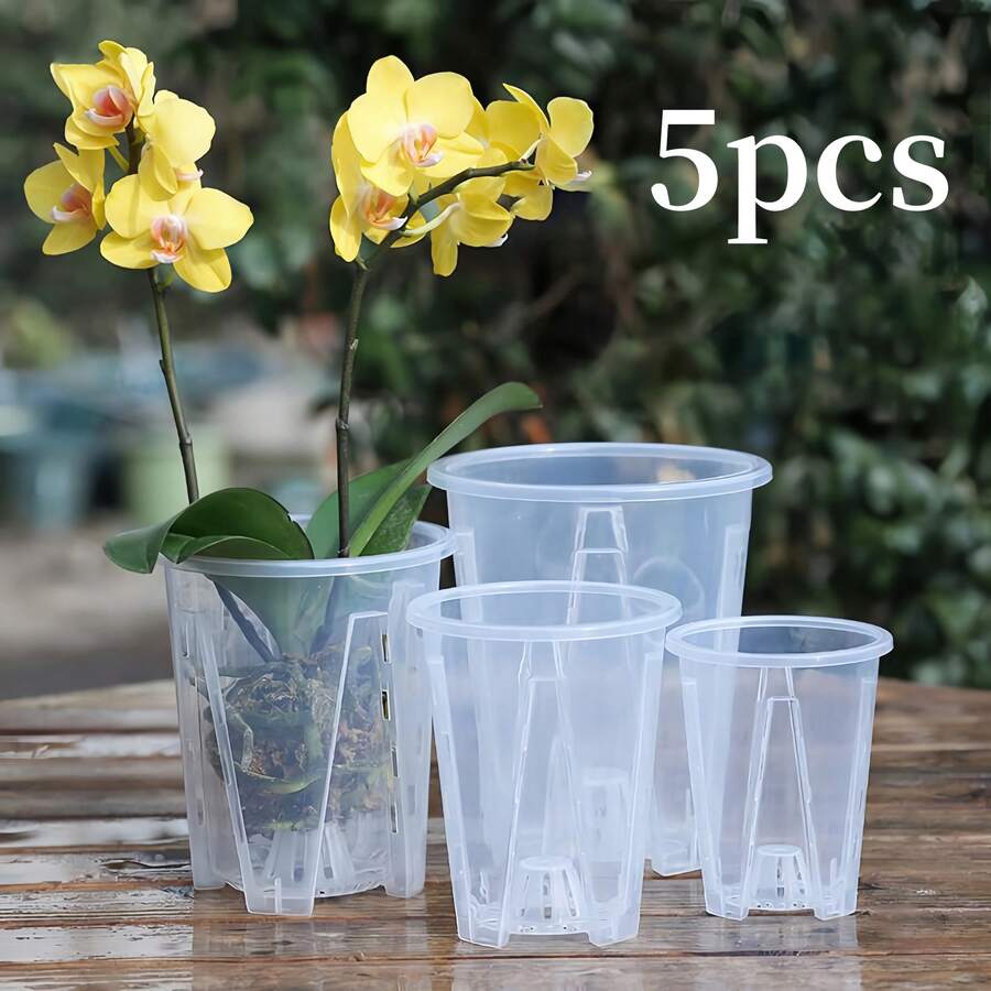 5 Stücke runde transparente Kunststoff Pflanzentöpfe mit Ablauflöchern - Größen 10/12/14/16cm, atmungsaktives Design perfekt für Orchideen, Sukkulenten. Geeignet für Innen- und Außenbereich - transparentes Material ermöglicht einfache Wurzelkontrolle Heimdekoration Vase Raumdekoration Blumenvase Glasvase - Verschiedenfarbig - Übersicht 1