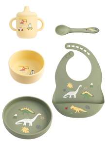 Juego de 5 piezas de vajilla infantil personalizada con estampado a pedido, con diseños lindos de gato arcoíris y dinosaurio. Incluye baberos impermeables, taza, plato, bol y cuchara suave para alimentación y entrenamiento de infantes. - Multicolor - Ver 27