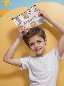 1 szt. Dostosowywalna torba podróżna z nadrukiem w kształcie zwierząt z kreskówek, wielofunkcyjna kosmetyczka/portfel na kosmetyki z zamkiem błyskawicznym, odpowiednia dla nastolatków do pielęgnacji skóry, możliwość dostosowania do własnego imienia