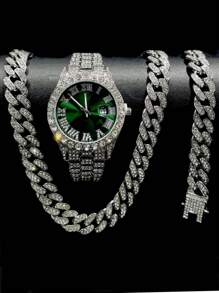 Luxury Alloy Men's Quartz Watch, With Rhinestone Rhinestone Crystal And Date, Paired With A Hip-Hop Cuban Necklace And Bracelet Set