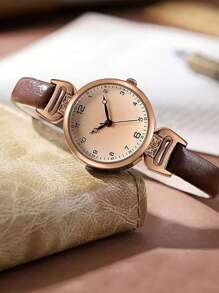 Relógio de quartzo feminino com pulseira de PU, mostrador redondo, estilo britânico retrô, de luxo, para uso diário