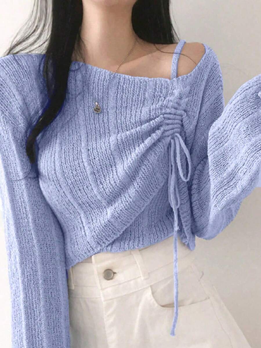 女士柔软针织套头衫,带抽绳,韩式优雅风格 - 淺藍色 - 查看 1