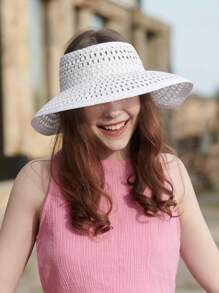 1pc Women's Perforated Breathable Solid Color Sun Hat, Large Brim Design For Face Slimming, Foldable Sun Protection Hat, Essential For Summer Outings