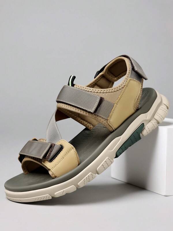 1 Pair Solid Color Casual Sports Beach Fabric Hook And Loop Sandals, Outdoor Wear For Summer