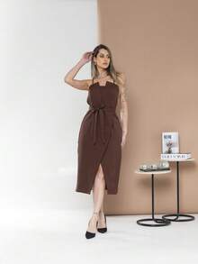 V761 Tailored Midi Dress With Straps - Chocolate Brown - View 3