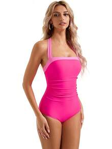 Women Sexy Tummy Control One Piece Swimsuit Halter Retro Bathing Suit - 68 Pink Color Block - View 4
