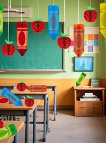 Decoraciones colgantes para volver a la clase, decoraciones colgantes en forma de panal con crayones, centros de mesa con papel de seda en forma de manzana en panal para decorar el techo para la fiesta del primer día de clases