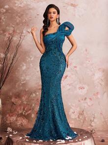 优雅正式礼服，奢华优雅鸡尾酒会礼服，定制美人鱼廓形弹力珠饰单肩礼服，适合舞会、婚礼、晚宴（华丽装饰）春季 - 水鴨藍 - 查看 8