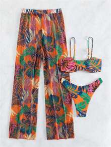 Tropical Print High Slit 3 Piece Bikini Set, Summer Beach Cover Up, 3 Pieces Beach And Vacation Outfits Set For Women: Ruched Strappy Bikini Swimsuit Set With Hard Cup + Semi-Sheer Botanical Print Bottoms - 橘色 - 查看 3