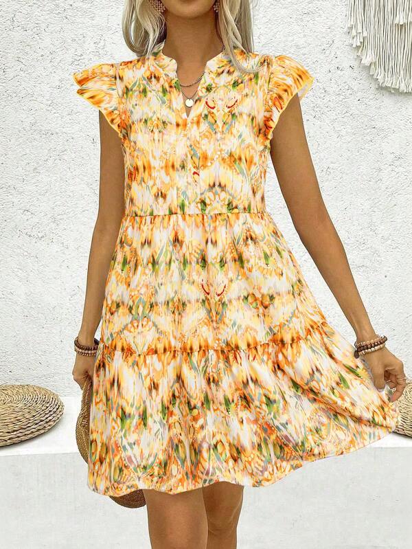 Women's Retro Style Printed V-Neck Babydoll Small Cap Sleeve Simple Daily Dress