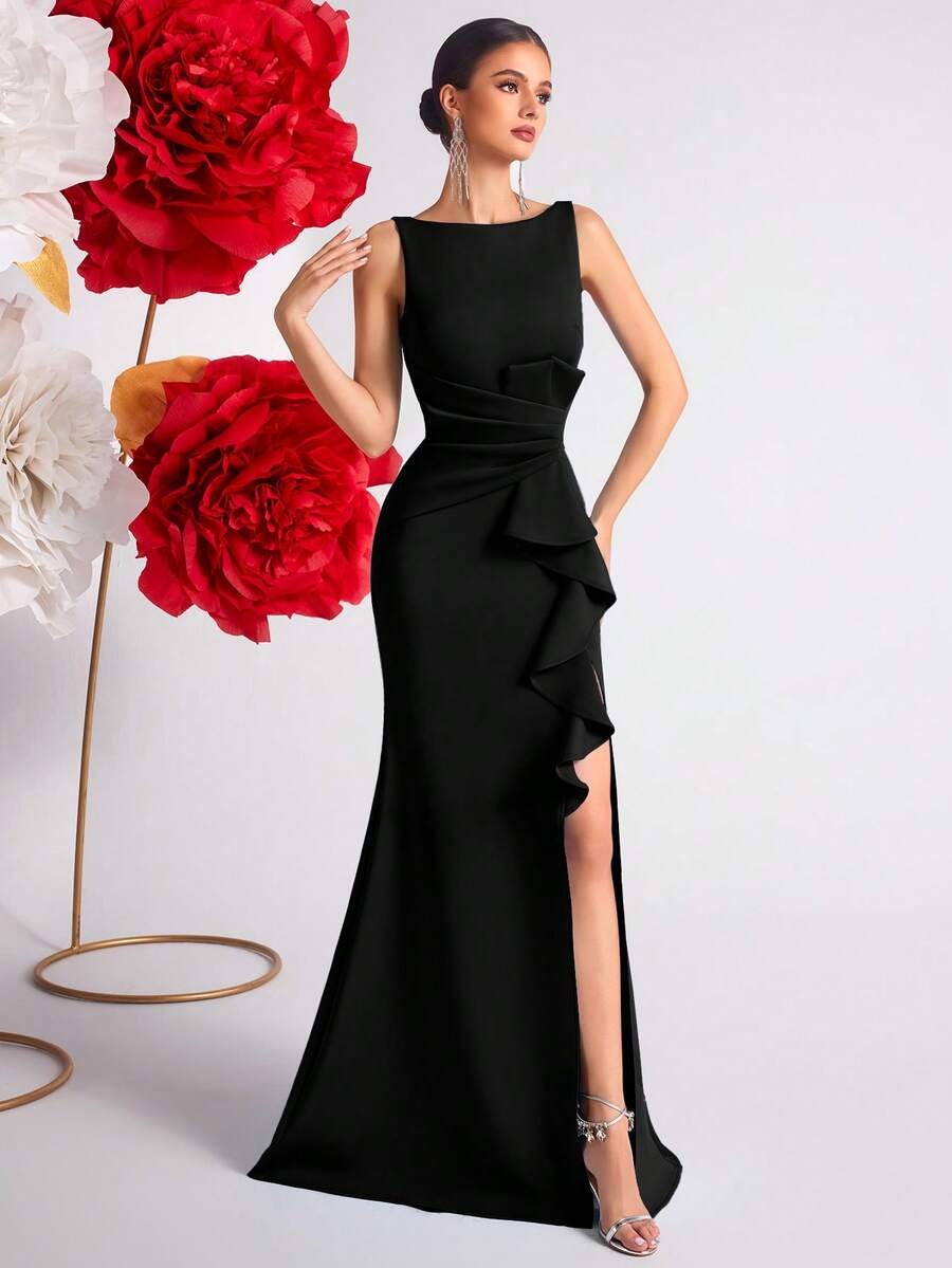 Elisanya Đầm dự tiệc cocktail hở lưng xẻ tà cạp cao đơn giản - màu đen - Xem 1