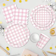 Light Blue And White Gingham Party Supplies Paper Plate Cup Napkin For Checkered Plaid Picnic Barbecue Birthday Disposable Dinnerware Serves 10 - Pink Plaid Tableware Set - View 2