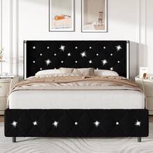 Queen Bed Frame With Headboard, Velvet Upholstered Bed With Wingback And Diamond Tufted Design, Wood Slat Support,  Modern Bed Frame, Twin Bed Frames/ Full Size Bed Frame/ Queen Bed Frame/ King Size Bed Frame Black/Pink/White/Blue/Green/Purle - 黑色 - 查看 1