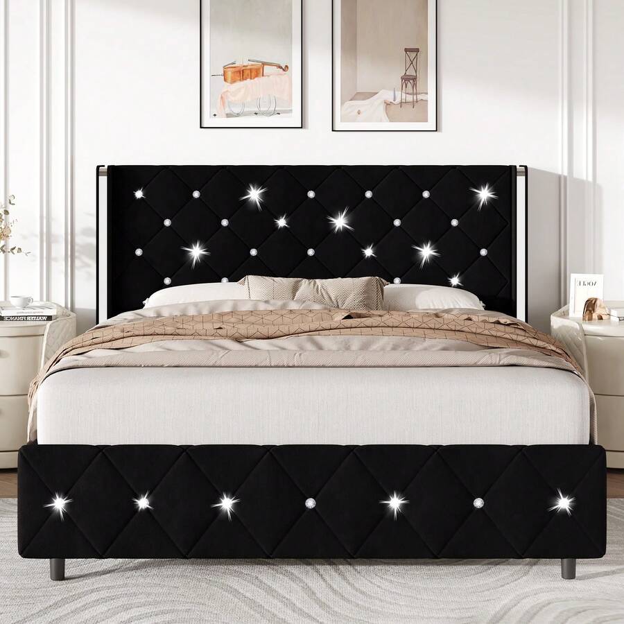 Queen Bed Frame With Headboard, Velvet Upholstered Bed With Wingback And Diamond Tufted Design, Wood Slat Support,  Modern Bed Frame, Twin Bed Frames/ Full Size Bed Frame/ Queen Bed Frame/ King Size Bed Frame Black/Pink/White/Blue/Green/Purle - 黑色 - 查看 1