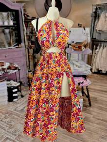 Ditsy Floral Sleeveless Halter Neck Hollow Out Slit Maxi Dress Vacation Beach Elegant Dress For Women, Spring/Summer - Multicolor - View 2