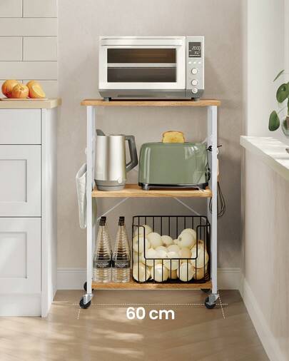 Étagère de Cuisine à roulettes, Chariot à 3 Niveaux, Support pour Micro-Ondes, Four, Grille-Pain, Cadre Métallique avec 6 Crochets, 40 x 60 x 89 cm/ 40 x 80 x 89 cm, Doré Chêne et Blanc Nuage