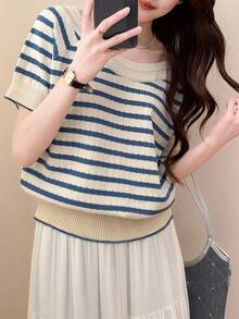 Alicedudu Camiseta feminina estilo francês chique ombro a ombro listrada manga curta, verão - Azul - Ver 3