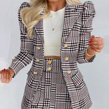 Women's Clothing Fashion Temperament Printed Princess Sleeve Short Skirt Suit Professional Wear Women's Two-Piece Suit Womenswear Gamis Comfort Basic - Black plaid - 查看 1