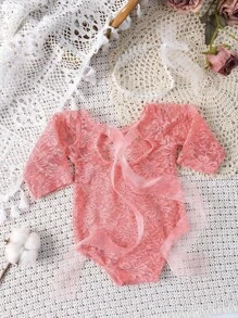 2 pezzi Tutina in pizzo e fascia per neonati, completo di fotografia per bambine con decorazione in tulle, accessorio fotografico per neonati