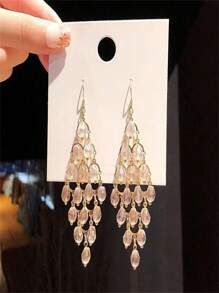 1 Pair Bohemian Elegant Crystal Long Tassel Earrings For Women, 925 Silver Pin, Suitable As Gift For Friends And Travel In Spring/Summer
