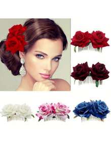 Pettine per capelli da sposa con rose di stoffa vellutata, accessorio per capelli con doppia rosa, per pettinatura raccolta, adatto per San Valentino, pettini per capelli laterali