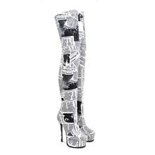 Stiletto Heel Platform Newspaper Thigh High Boots - Newspaper Texture - View 6